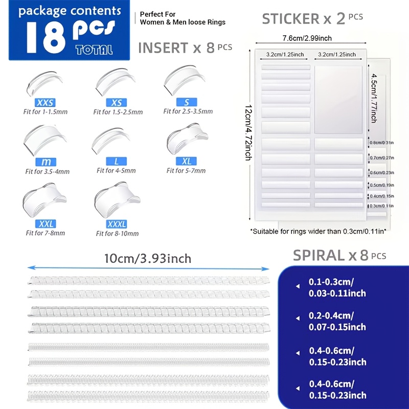 18pcs Ring Sizer Adjuster Set, Spiral Coils & Ring Guards